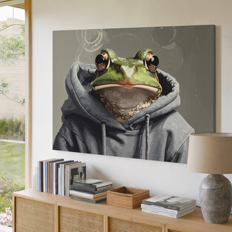 Gros plan sur une grenouille dans une toile souple de style réaliste, H 9 po x l 12 po
