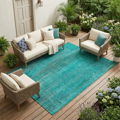 Tapis intérieur / extérieur 9 pi x 12 pi rayé bleu sarcelle lavable antidérapant