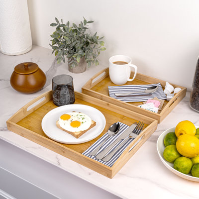 Elora Set of 2 Handcrafted Nesting Bamboo Breakfast Trays with Handles, Natural