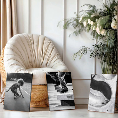 3PCS Wall Arts Posters Framed, Black and White Skateboard Canvas Wall Art Set of 3 Urban Street Sports Decor for Boys Room Teen Bedroom Modern Home Decoration Skater Lifestyle Prints Ready to Hang