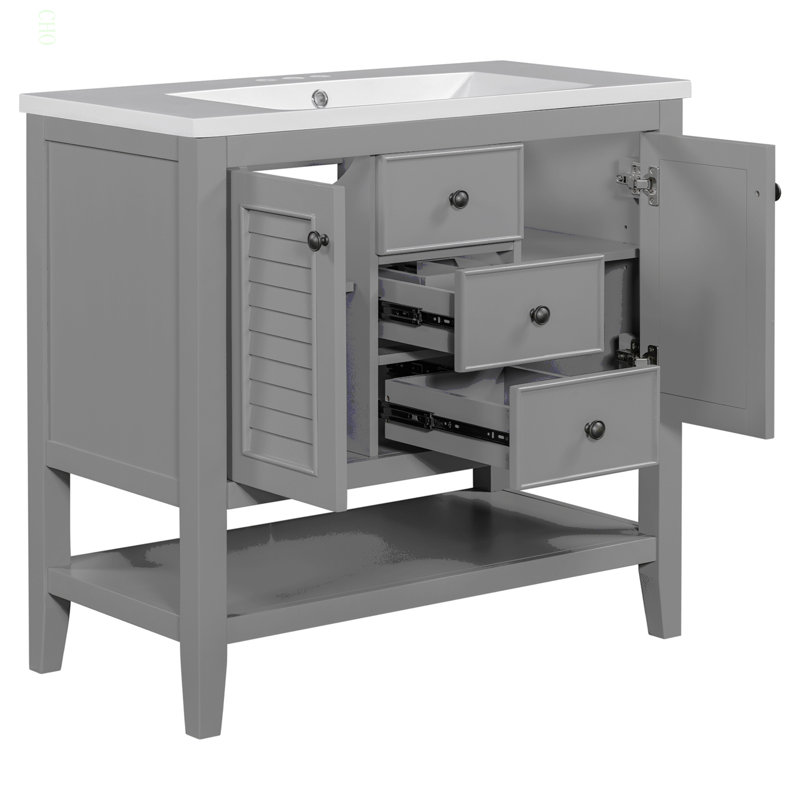 Meuble-lavabo 36 po avec lavabo en céramique, deux armoires et tiroirs, tablette ouverte, structure en bois massif, gris