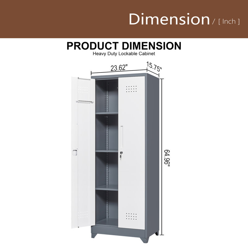 Broom Storage Cabinet With Locking Doors And Shelves, 65" H Metal Storage Cabinet With Hanging Rod & S-Hooks, Cleaning Tool Storage Cabinet