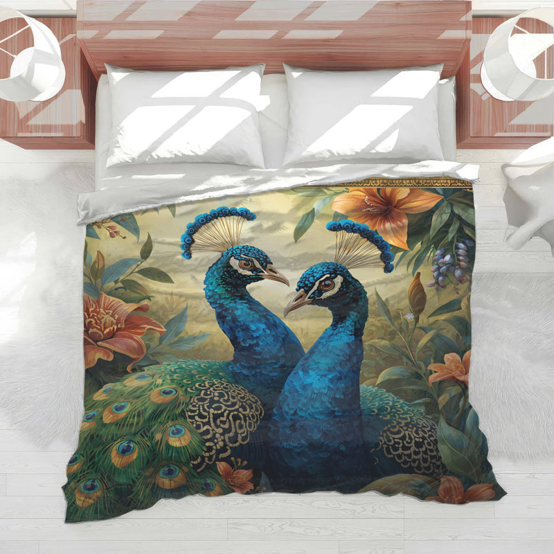Blue Peacocks With Flowers Comforter, King