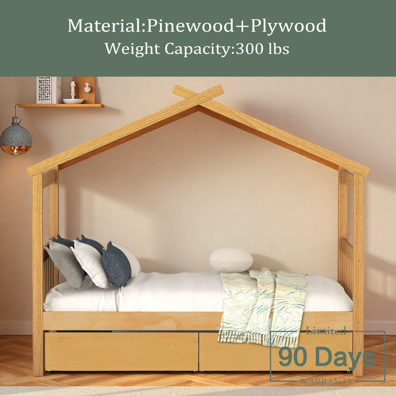 Lit simple en bois avec tiroirs, Naturel