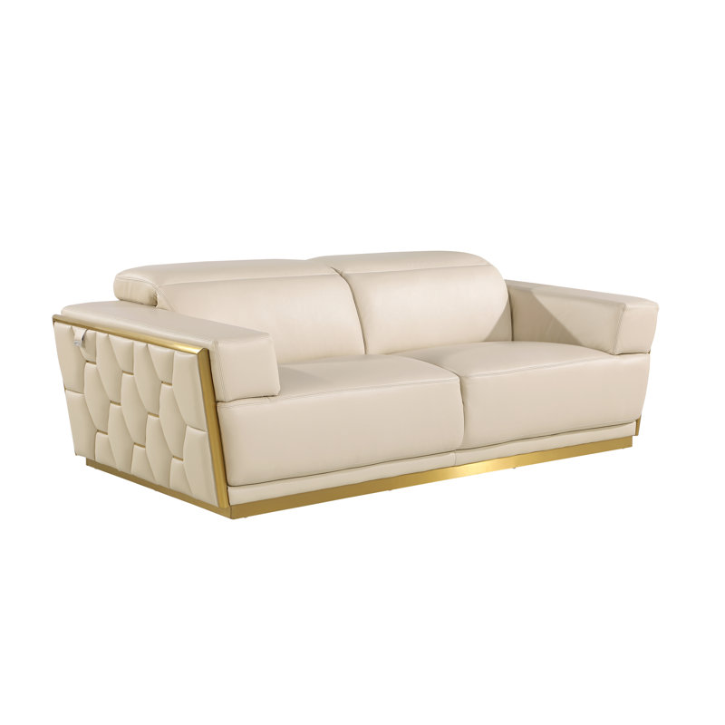 Sylvian Top Grain Genuine Italian Leather Sofa, Gold, Beige