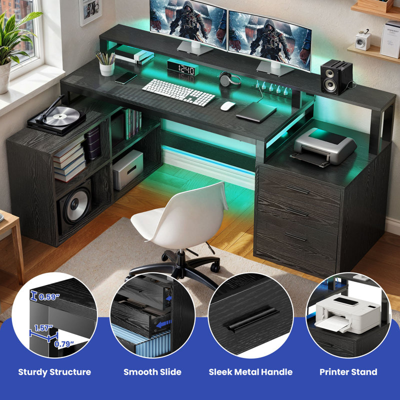 Cristel 65.4'' W L-Shaped Computer Desk, Black