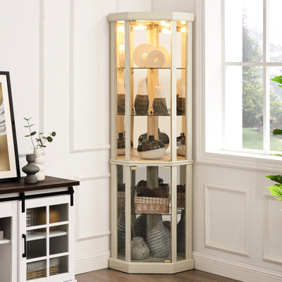 Armoire de salon avec blanc antique de 71,12 po Haut, et vitrine, vitrine de coin lumineuse fonctionnelle, portes en verre, 25 lb par tablette, rangement élégant