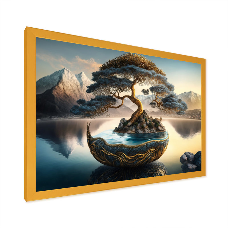 Golden Bonsai Tree - Art mural sur toile Bonsai, Cadre doré simple, H 16 po x l 32 po x P 1 po