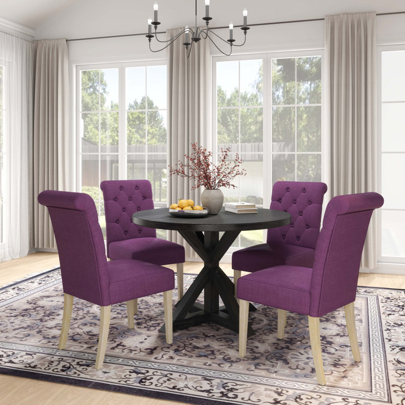 Ensemble de salle à manger 5 pièces, table ronde avec 4 chaises capitonnées, Mauve