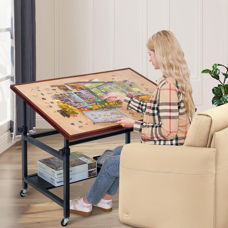 Table de casse-tête inclinable 1500 pieds avec pieds, chevalet réglable en hauteur et à angle avec couvercle et rangement, table de scie sauteuse portative en bois avec 4 roues et plateau antidérapant pour adultes