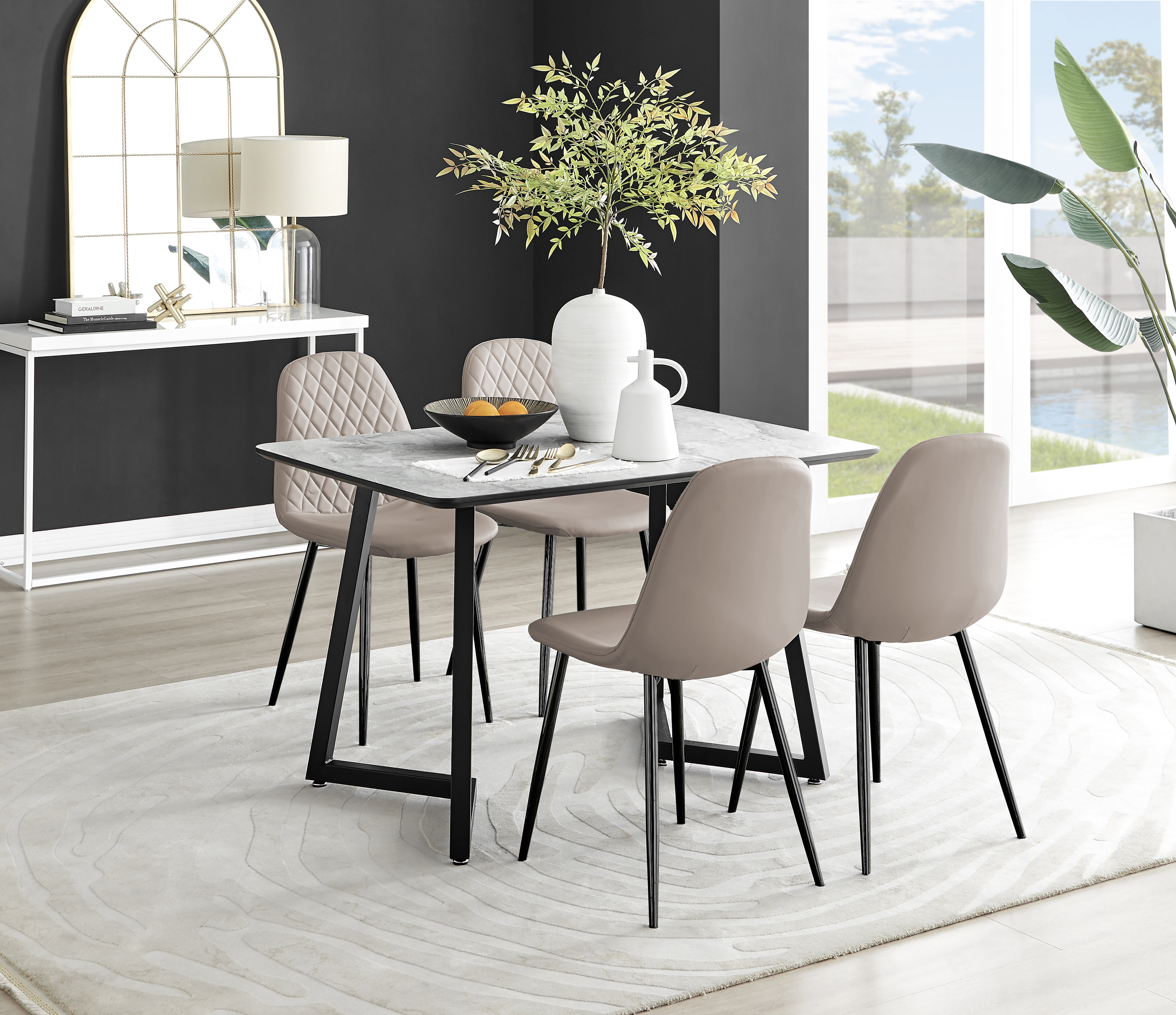 Carzon Marble Effect Melamine Dining Table and Chairs - Luxury Faux Leather Dining Chairs