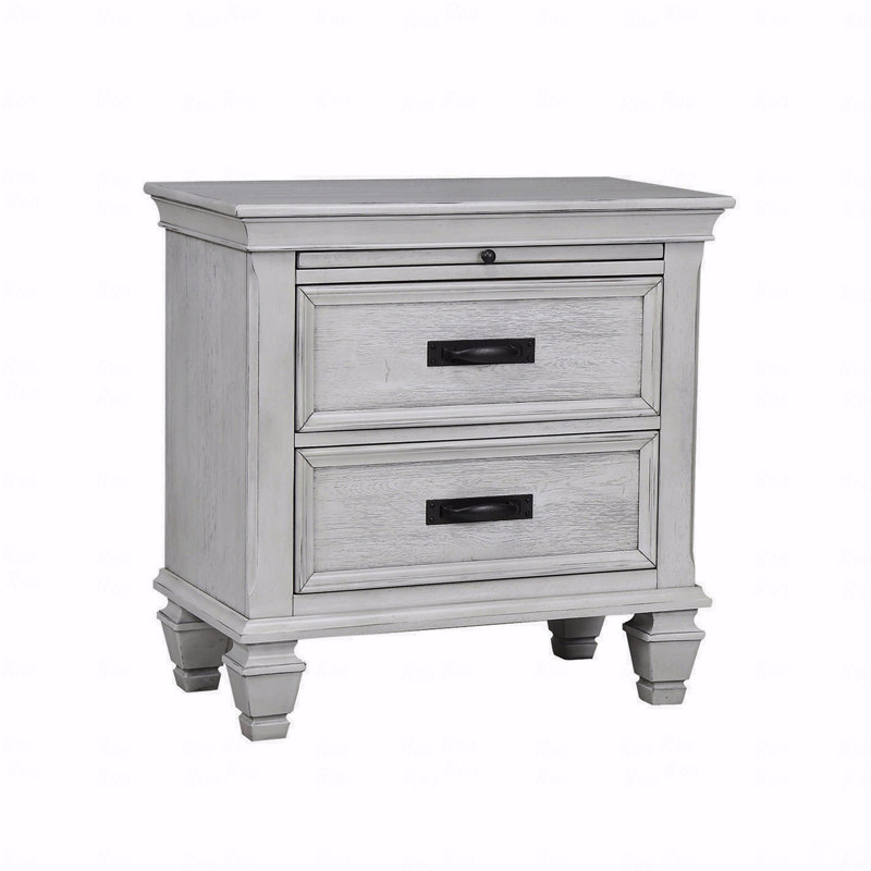 Table de chevet en MDF avec 2 tiroirs au fini blanc vieilli