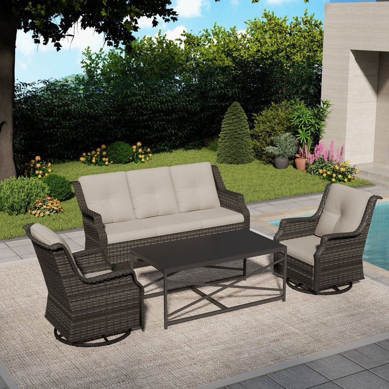 Ensemble de patio extérieur en osier 5 personnes avec canapé 3 places, chaises, table basse et coussin, Beige