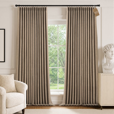 Pinch Pleated Linen Curtains for Dining Room, 100% Blackout Neutral Privacy Windows Drapes 2 Panels Set 8FT Length with Rings, Linen, 40x96