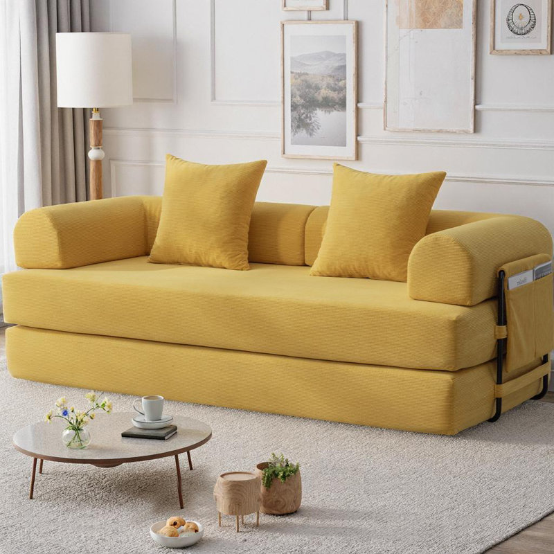 Canapé-lit modulaire pliable compressé avec structure en métal, canapé convertible 2 places en velours côtelé avec pochette de rangement pour les petits espaces, les appartements et les dortoirs