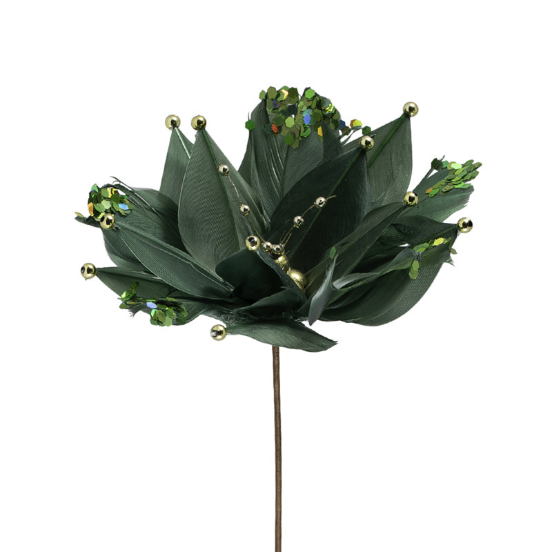 Poinsettia avec pétales de plumes, choix de Noël artificiel - 13,75 po, Vert