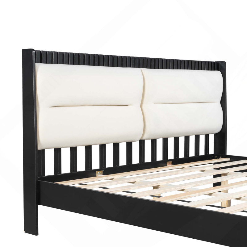 Structure de lit plateforme en bois massif avec tête de lit tapissier en velours beige, aucun sommier nécessaire, King, Black