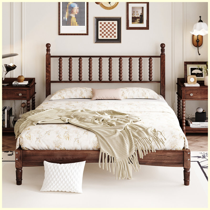 Queen Size Wood Platform Bed with Gourd Shaped Headboard,Retro Style Platform Bed with Wooden Slat Support, Walnut