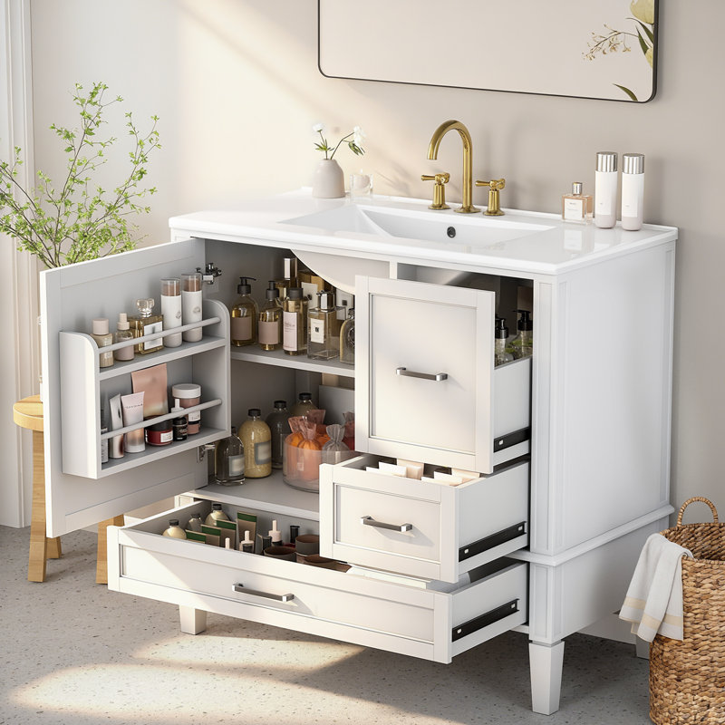 36" Bathroom Vanity with Sink – Freestanding Single Basin with Ceramic Combo, 4 Raised Solid Wood Legs, Soft-Close Door, 3 Drawers, and U-Shaped Organizer for Modern Bathroom Storage, White