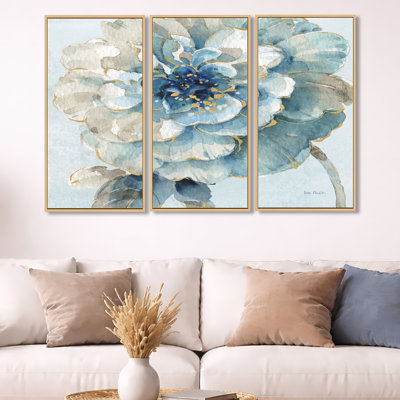 Indigold Watercolor Flower II - ensemble d'art mural sur toile encadré traditionnel de 3