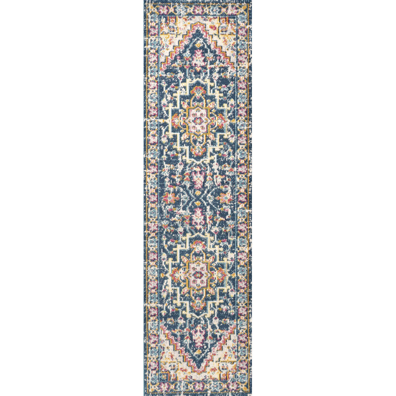 Brooklyn Geometric Medallion Blue/Beige Rug, Runner 2'3" x 8'