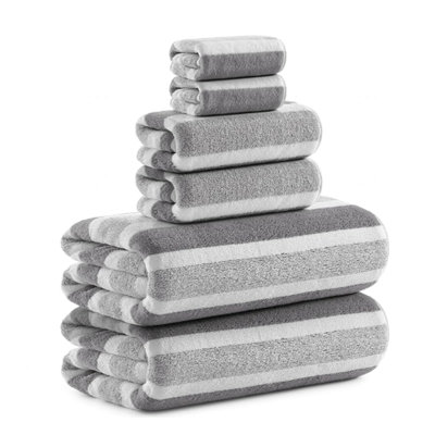 Microfiber Bath Towel Set 6 Pieces, Gray White Striped, 2 Bath 2 Hand 2 Washcloths, Fast Drying