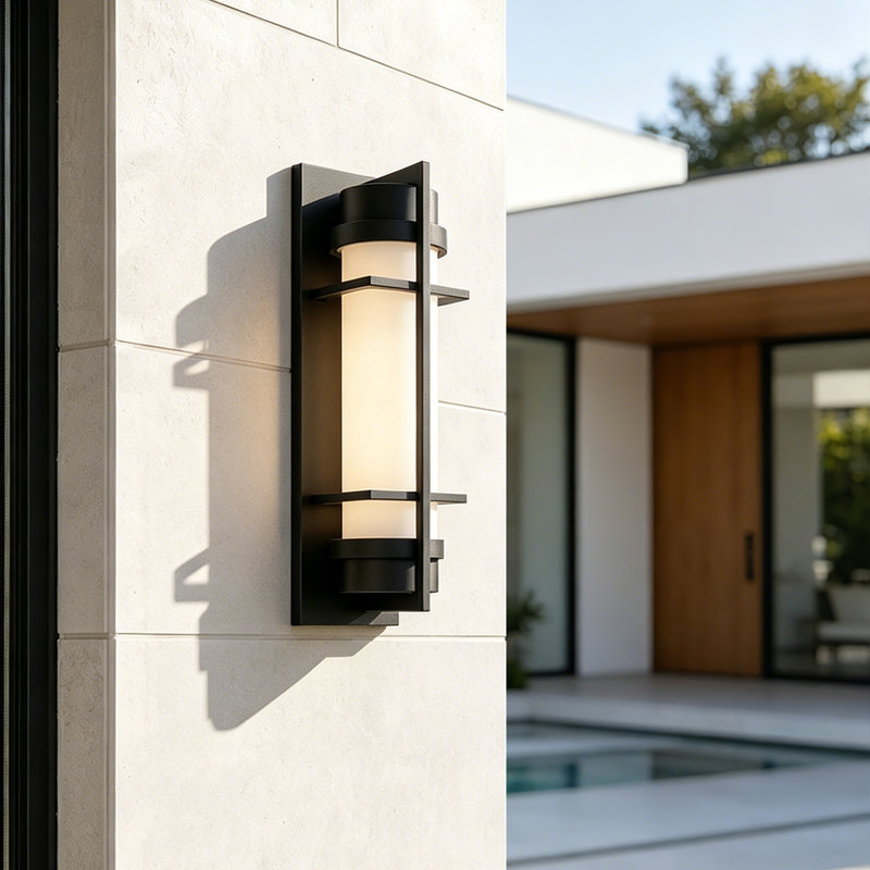 15" H Outdoor Wall Sconce Matte Black with Etched Opal Glass, 14.5" H x 5" W x 5.5" D