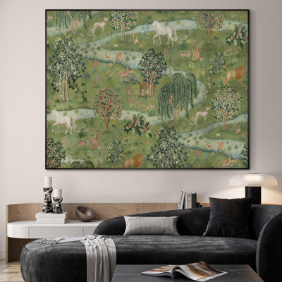 Très grand imprimé mural d'art sur toile - Forêt médiévale fantastique avec des animaux des bois, décor de scène inspiré d'un livre d'histoires pour le salon ou la chambre à coucher - «Assemblage requis du cadre (cadre non fini)»