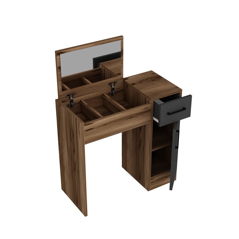 Table de maquillage moderne, noyer clair et anthracite, 30,3 po x 42,8 po x 14,7 po | 100% panneau de particules enduit de mélamine, épaisseur: 0,7 pouce | Conception élégante et fonctionnelle pour des espaces de beauté glamour, assemblage facile