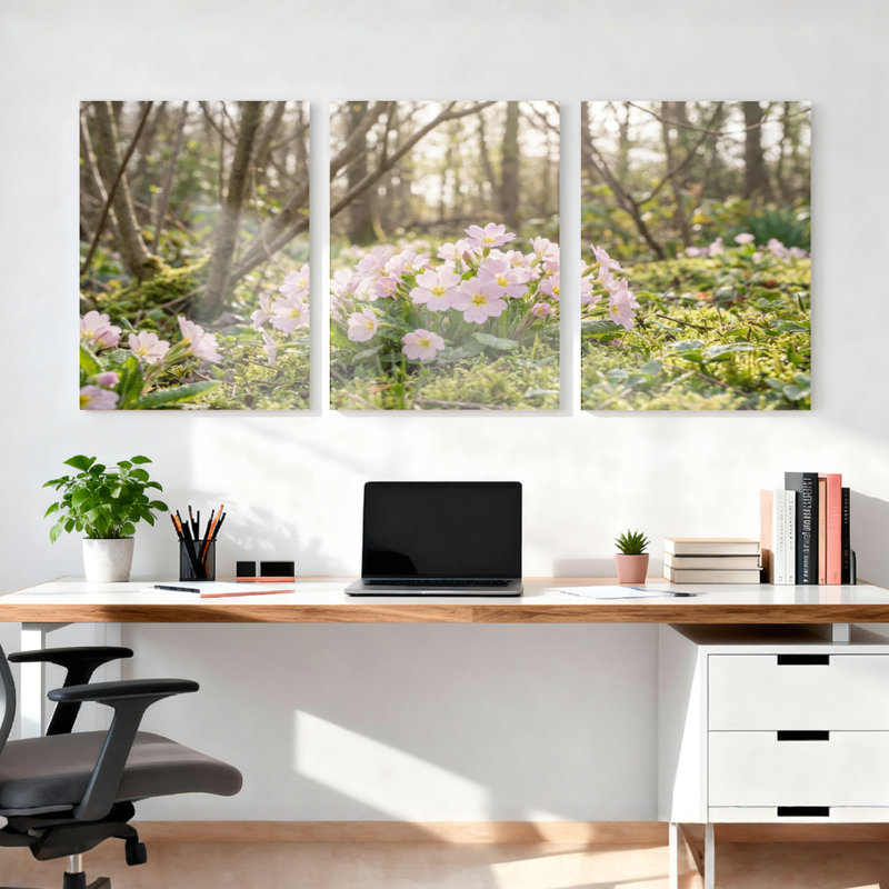 Ensemble de 3 tableaux sur toile tendue représentant des fleurs de la forêt printanière, H 36 po x l 72 po