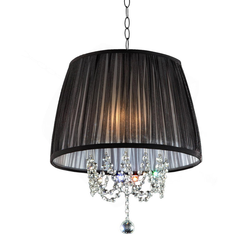Haut 17 "lampe de plafond" Eclipse ", finition argentée et accents de cristal, abat-jour noir