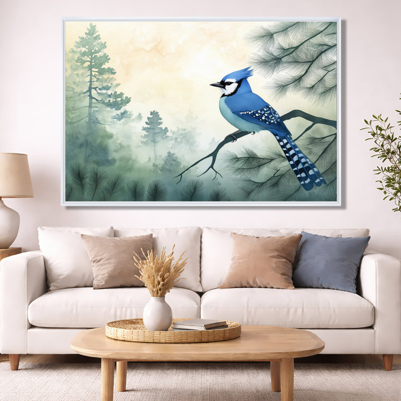 Art mural oiseaux, geai bleu, impression sur toile, H 40 po x l 60 po, Cadre flottant blanc