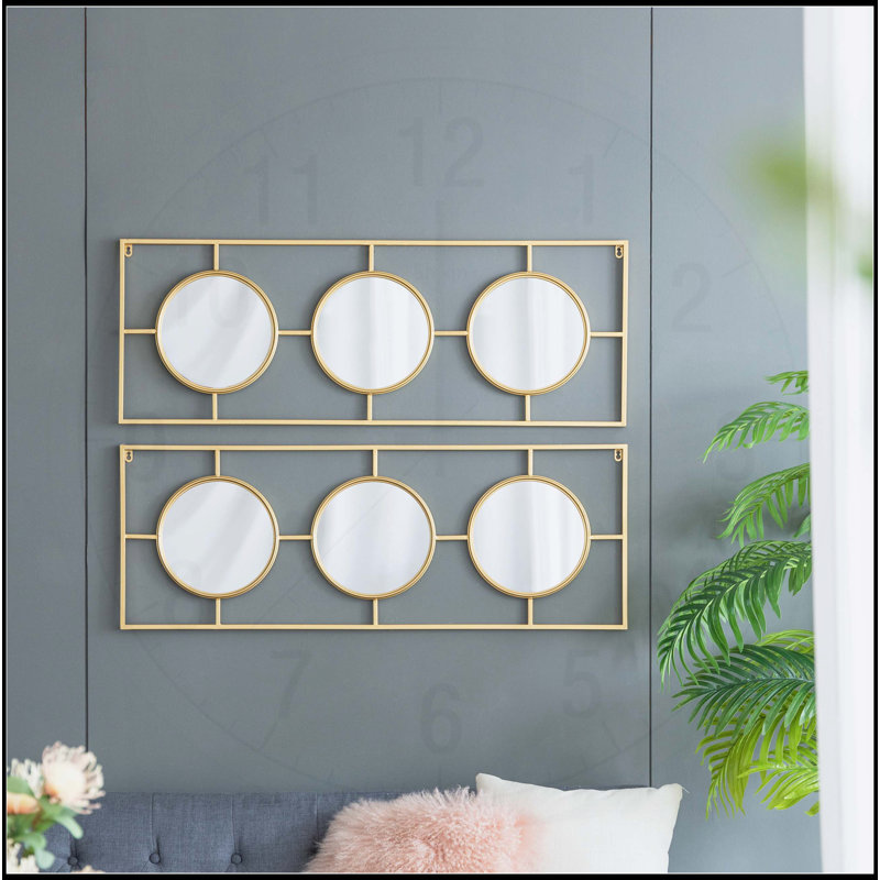 Ensemble de miroirs muraux élégants avec trois miroirs convexes dans un cadre rectangulaire élégant, idéal pour la chambre à coucher et le salon.