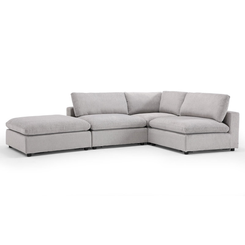 Nuccio 4-Piece Minimalist Modern Soft-Upholstered Sectional With Ottoman, Light Gray
