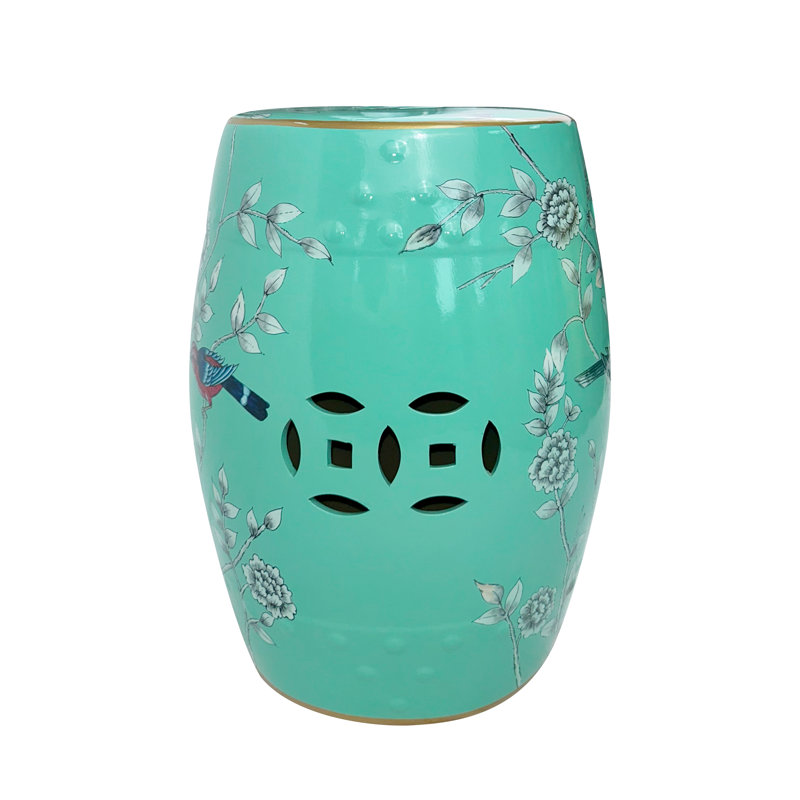 Teal Hydrangea and Bird Ceramic Garden Stool