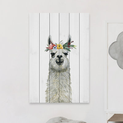 'Flower Crowned Llama' Print On White Wood