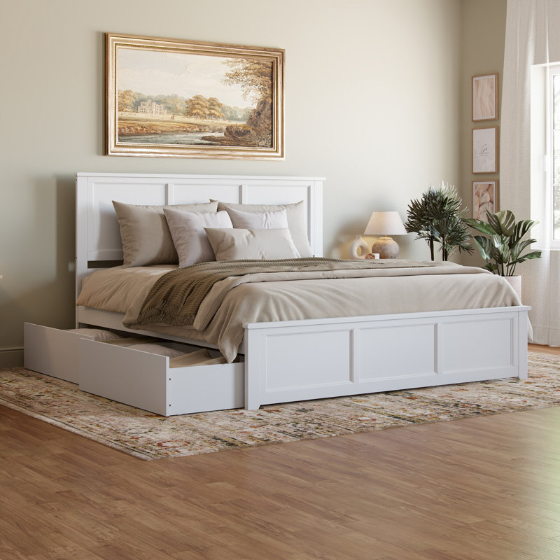 Madison Solid Wood Platform Bed with Matching Footboard & Storage Drawers , King, White