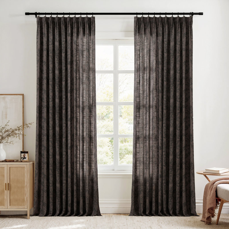 TWOPAGES Unlined Floral Curtain Printed Faux Linen Pinch Pleat Curtain, Wine, 40" W x 96" L