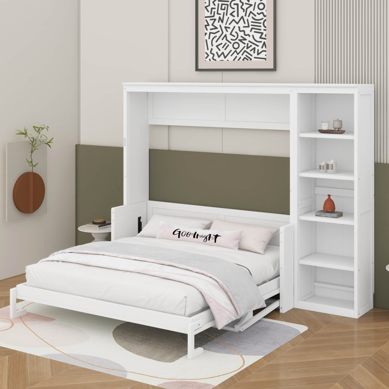 Grand lit escamotable avec bureau et bibliothèque, Blanc, Grand lit