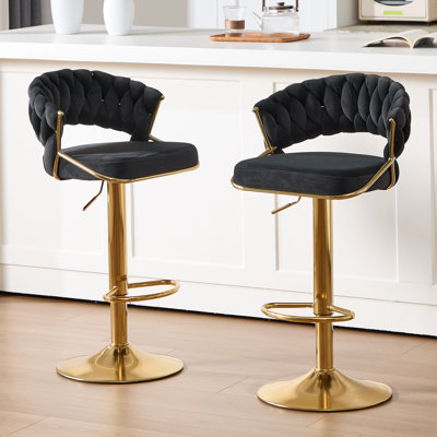 Velvet Swivel Bar Stools Set of 2, Adjustable Height Counter Bar Modern Gold Base Barstools with Upholstered Woven Back for Kitchen Counter Dining Room,Black