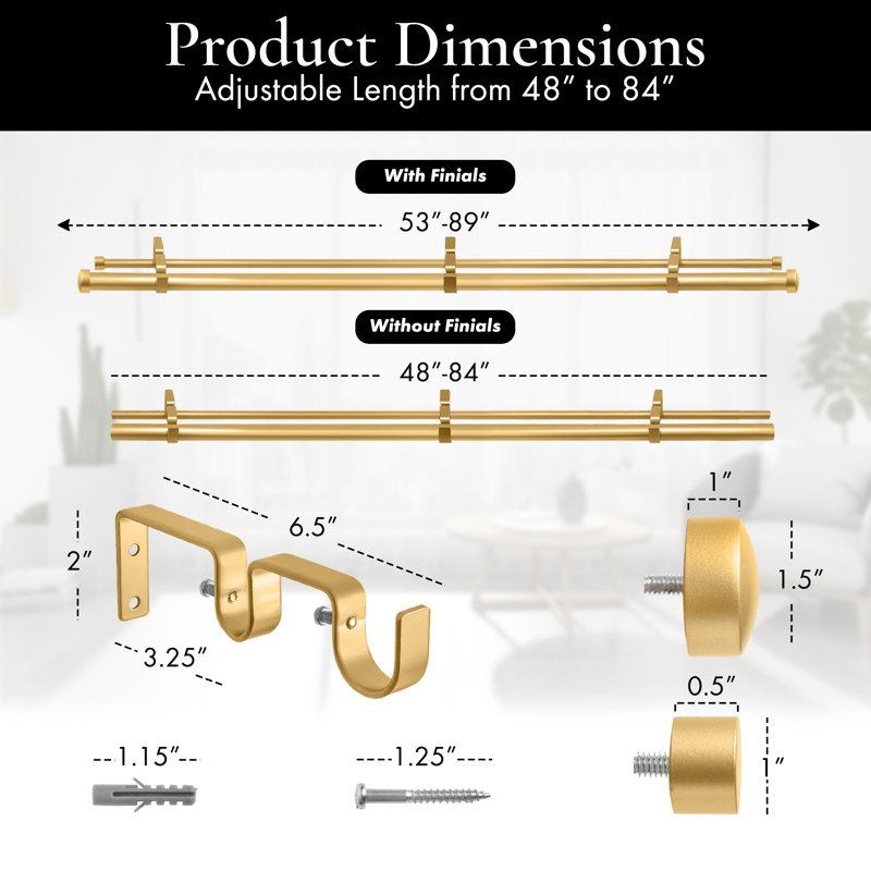 Gwinnett Adjustable Double Curtain Rod, Gold, 48" - 84"