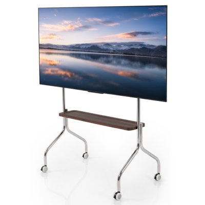Chariot mobile à roulettes avec panneau perforé et tablette simple de couleur noyer, convient aux téléviseurs plats et incurvés de 42 à 75 po, meuble télé à hauteur réglable avec roulettes verrouillables pour le bureau personnel