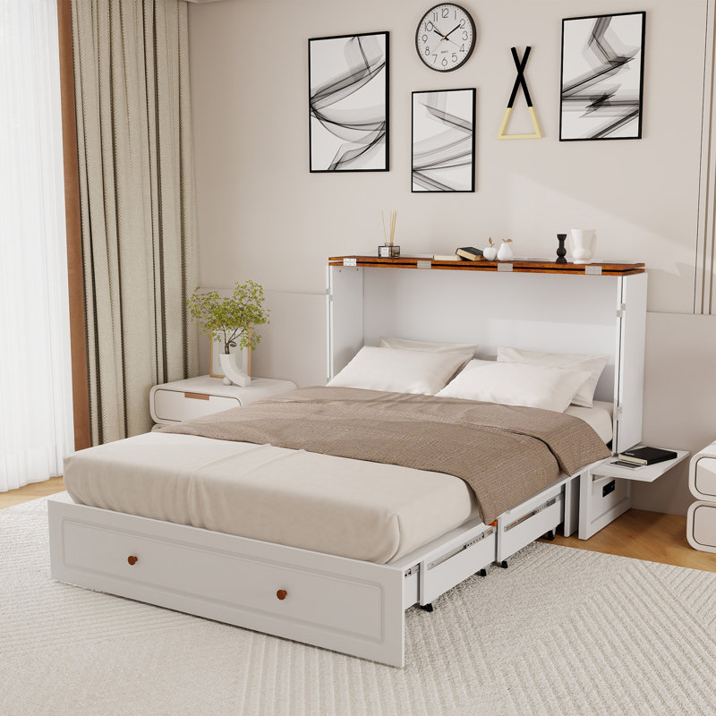 Queen Size Murphy Bed with Mattress, White Murphy Bed Storage Cabinet with Built-in USB Charing Port