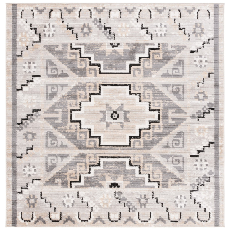 Rectangle Markes Southwestern Power Loomed Polyester Area Rug in Beige/Gray/Brown, Square 6'7"