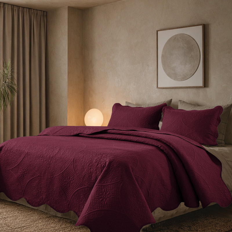 Floral Embossed Microfiber Quilted Bedspread Set, Burgundy, California King Bedspread + 2 King Pillowcases