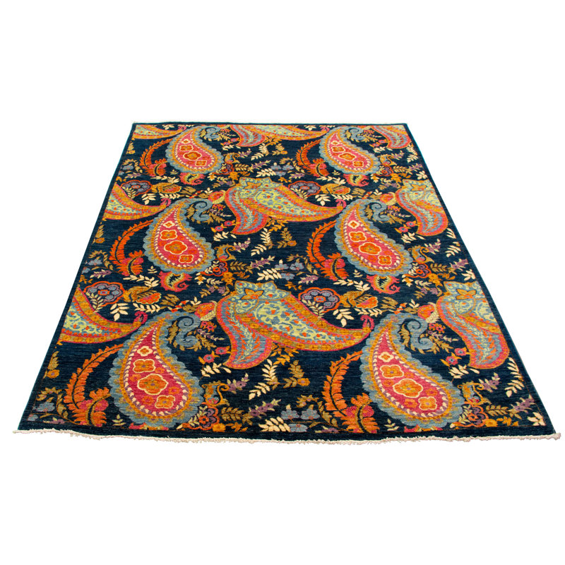 Tapis décoratif de laine noué à la main bleu marine/orange en laine de conception unique 8 pi x 10 pi 3 po Carrianne New Age