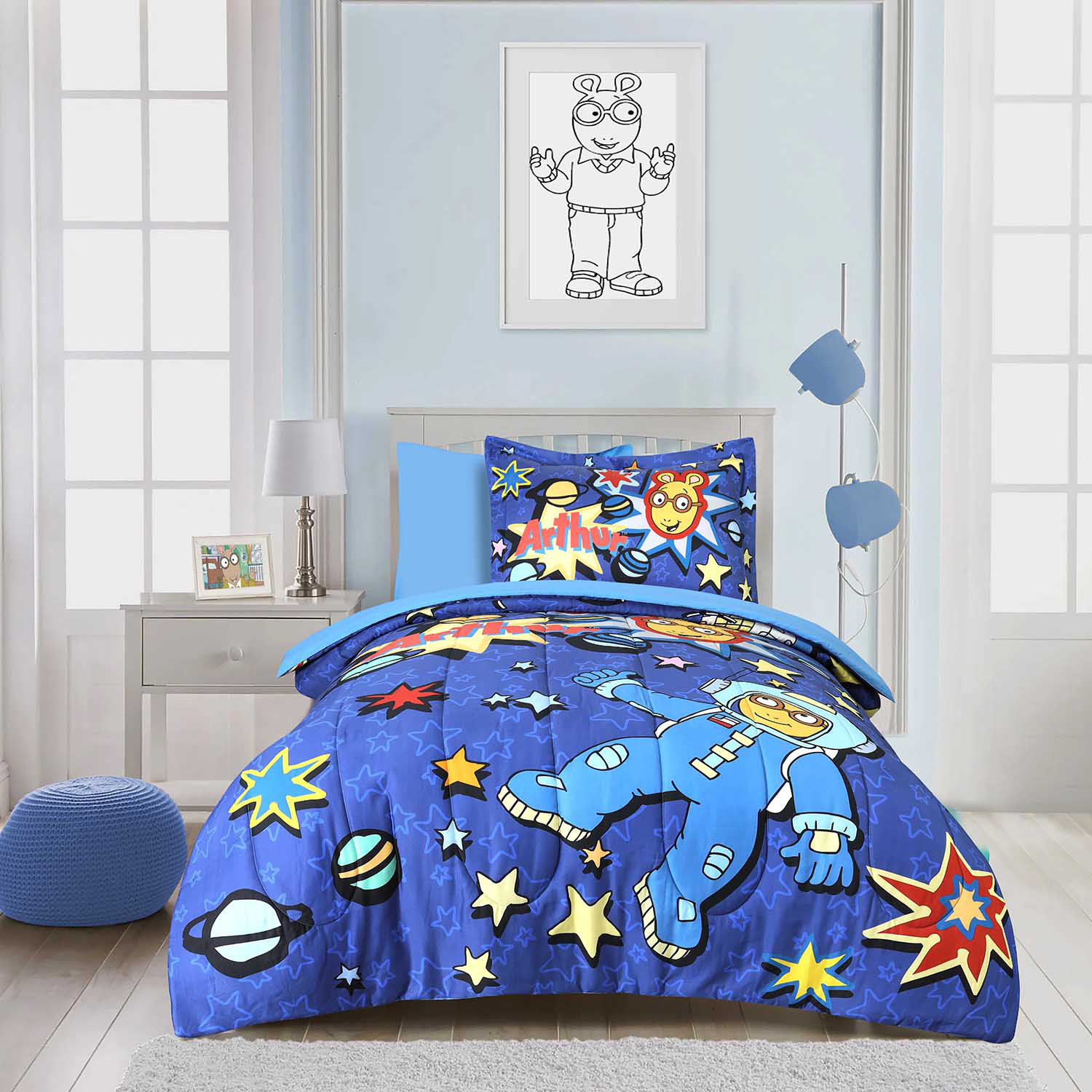 PBS Kids Arthur In Space Theme Printed Ultra Soft Comforter/Sham Set  Bedding-Twin Size