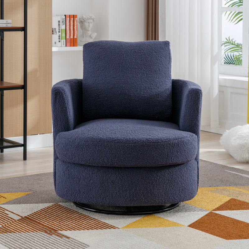 32"W Slipcovered Upholstered Swivel Barrel Chair, Navy Boucle
