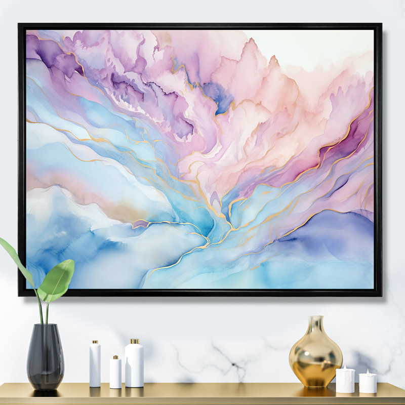 Rose et bleu, lever de soleil sur glacier - formes abstraites, art mural, Cadre flottant noir, H 24 po x l 32 po x P 1 po
