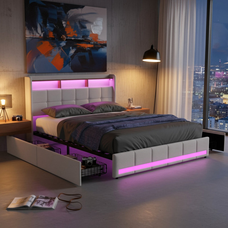 EU Double & King Linen Storage Bed With 4 Drawers & Dual LED Lights, Upholstered Bed Frame With Charging Port, Grey & Beige